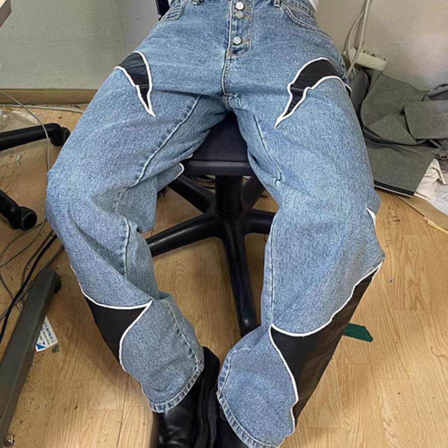 THUG CLUB VIBE美式刺绣拼皮牛仔裤男潮牌宽松ASAP ROCKY同款长裤