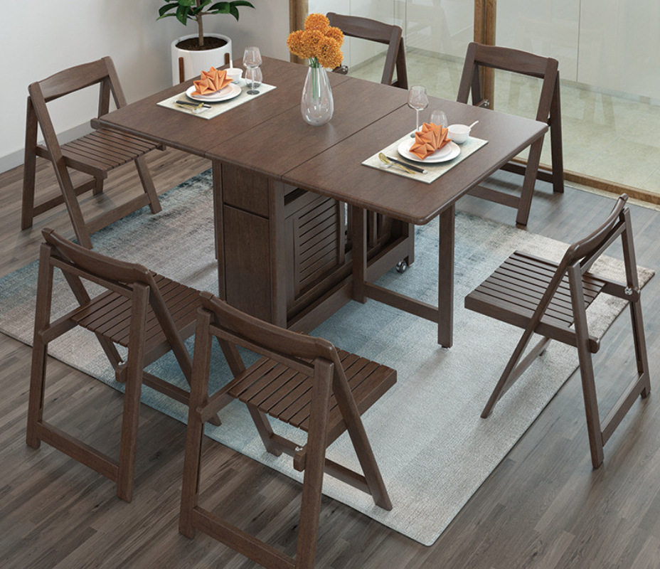 小户型金胡桃木全实木现代简约折叠餐桌6椅8人伸缩家用折叠饭桌子