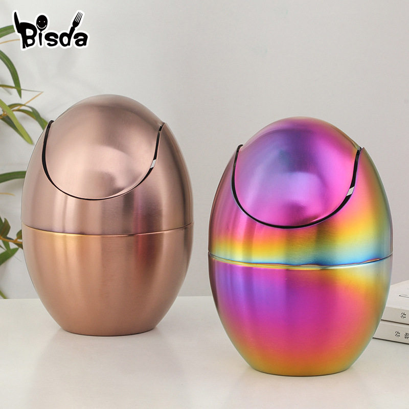 304不锈钢蛋形垃圾收纳桶可爱家用桌面办公桌带盖摇摆收纳盒