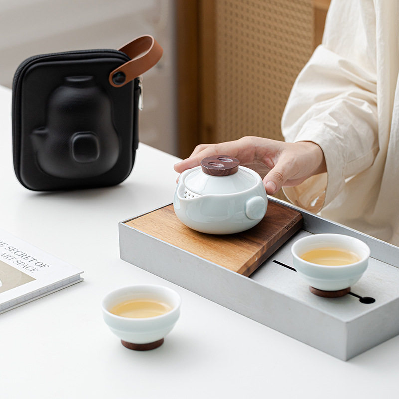 便携式功夫旅行茶具简约小套装快客杯青瓷一壶二杯户外露营喝茶