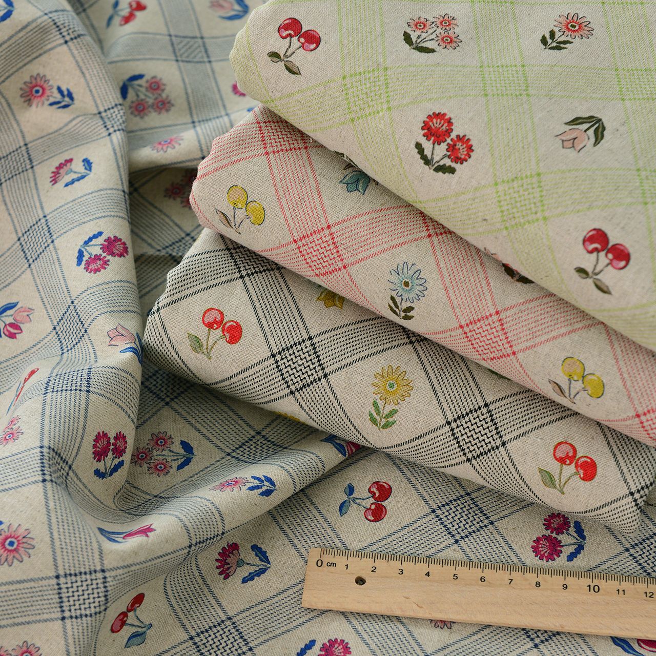 棉麻布料加厚亚麻布面料棉布沙发抱枕桌布台布背景布古旧线格樱桃