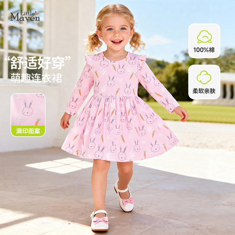 Little maven秋季欧美风长袖童裙 可爱兔兔儿童连衣裙 宝宝童裙