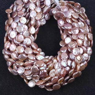 12-14mm天然紫色纽扣形巴洛克珍珠 淡水珍珠纽扣珠串 DIY饰品材料