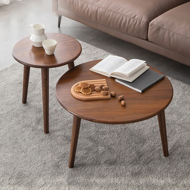 实木茶几 简约北美黑胡桃木客厅组合沙发 小边几原木北欧圆形圆几