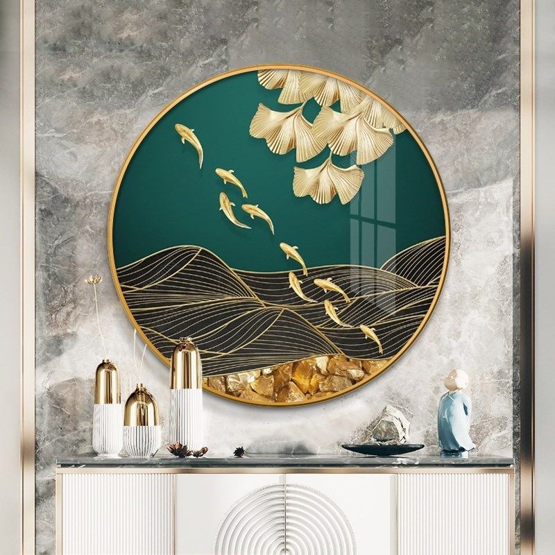 九尾鱼玄关画f新中式圆形装饰画晶瓷画镶钻九鱼图聚财客厅组合壁,家居饰品,现代装饰画,淘宝优惠券,粉丝福利购,淘宝优惠卷