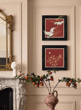 中古风红色法式中国风竹子鹤新中式客厅装饰画挂画卧室床头画餐厅