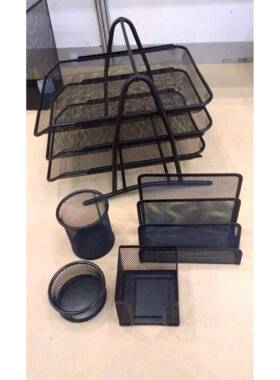 多功能办公金属黑色铁丝网桌面收纳文件盘笔筒书信格回形针筒便签