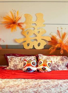 婚房装饰布置卧室床头红色喜字瀑布花仿真花桌面装扮喜庆婚礼摆件