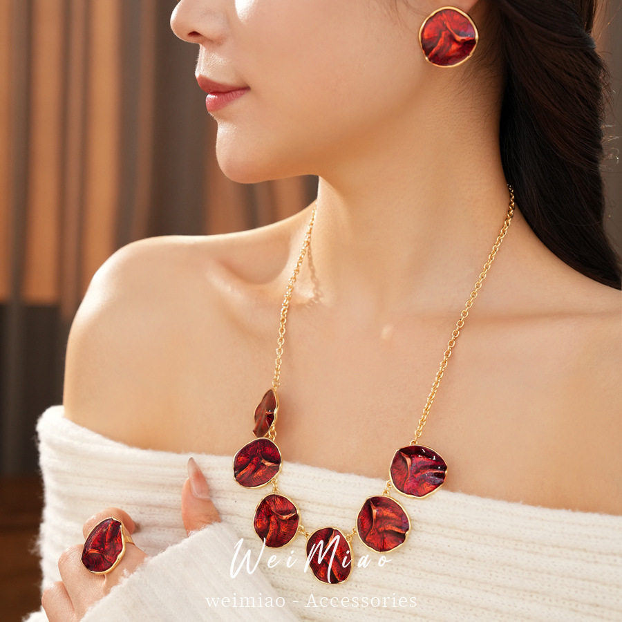 红色系滴油圆形褶皱耳钉戒指项链轻奢小众锁骨链气质复古首饰套装,饰品/流行首饰/时尚饰品新,组合套装,淘宝优惠券,粉丝福利购,淘宝优惠卷