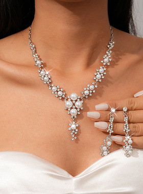 法式复古轻奢镶钻珍珠项链耳环