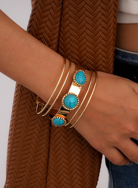 波西米亚多层松石镶钻开口手镯