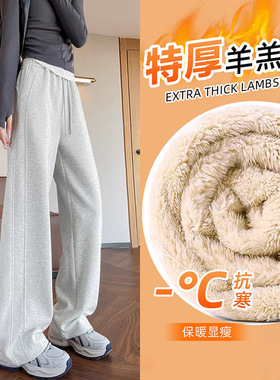 灰色羊羔绒加厚运动裤女冬新款显瘦直筒阔腿裤小个子三种长度
