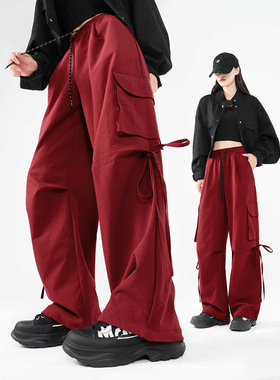 红色高腰阔腿防风加厚工装裤秋冬登山裤