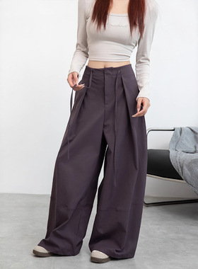紫色弯刀裤女春季新款高腰宽松休闲裤百搭显瘦阔腿裤