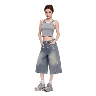 美式复古星星印花牛仔中裤女夏宽松七分做旧蓝短裤