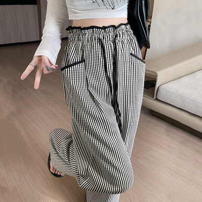 夏季女款高腰花苞格子裤垂感拖地长裤多色可选两种裤长