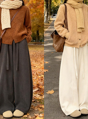 灰色灯芯绒弯刀裤女2026新款秋冬加绒加厚大码显瘦阔腿裤