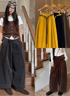 复古灯芯绒弯刀裤女2025秋季新款高腰休闲宽松慵懒阔腿裤