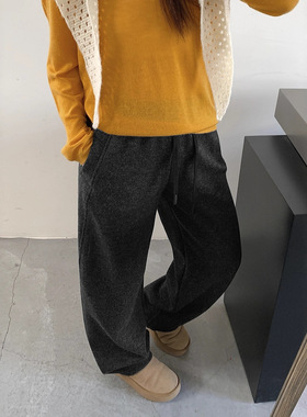 灰色羊毛阔腿裤女秋冬加厚窄版休闲直筒弯刀毛呢糯米裤