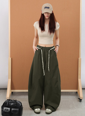 夏季新款美式复古军绿色弯刀休闲裤女高腰宽松阔腿裤