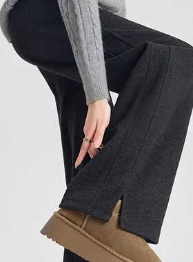 黑色开叉羊绒阔腿裤2025秋冬新款女直筒高腰加绒加厚休闲裤