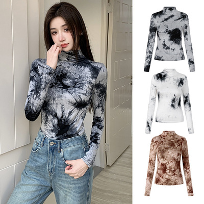 水墨打底衫女复古潮流优雅百搭半高领渐变扎染印花春秋上衣