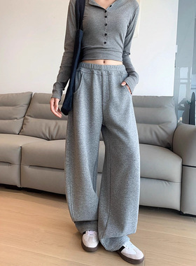 灰色加绒弯刀裤女冬季休闲运动直筒高腰阔腿裤