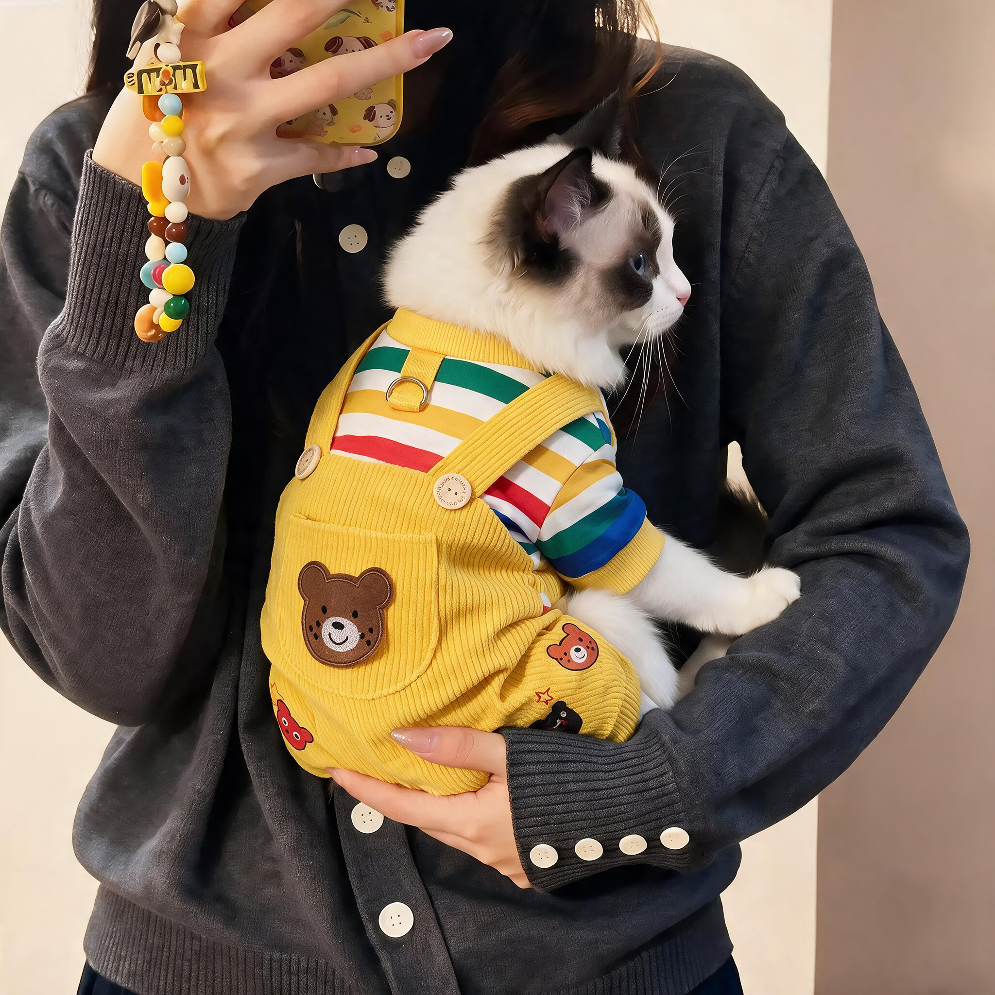 猫咪衣服秋冬保暖彩虹条纹背带裤