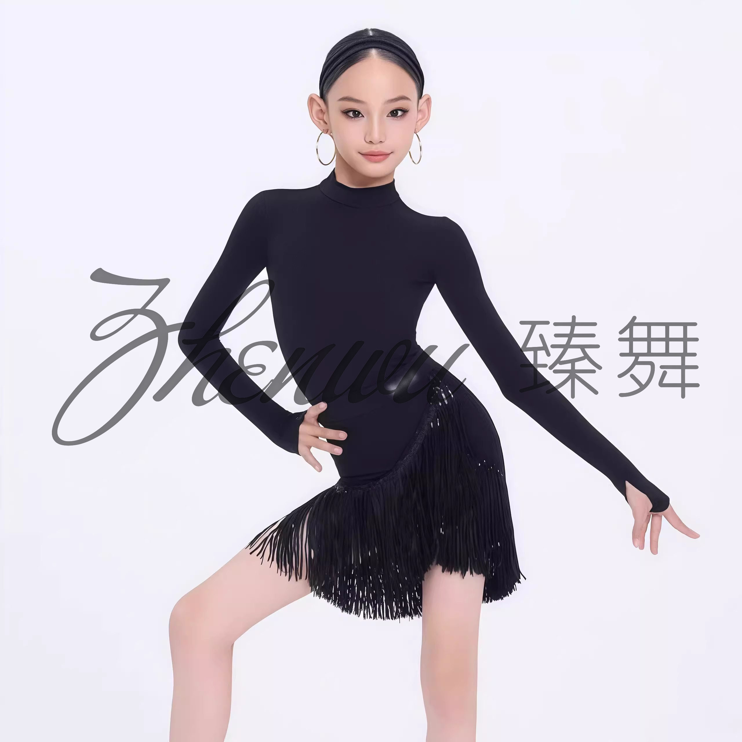 ZHENWU秋季新款拉丁舞服女童演出表演服高领长袖连体上衣流苏半裙