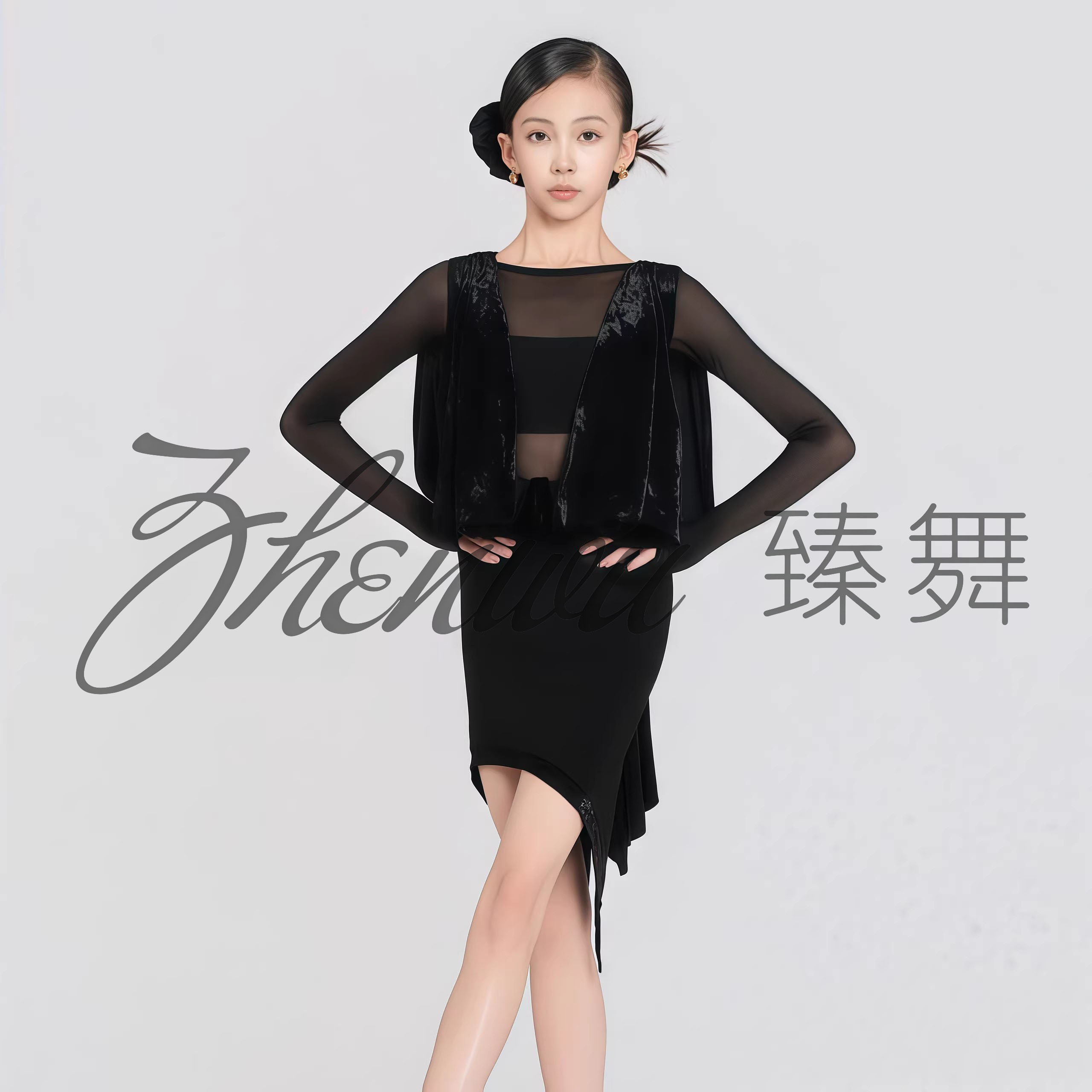 拉丁舞服女童纱网丝绒演出套装