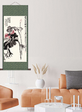 新品吴昌硕花鸟画菊花图富贵吉祥牡丹图荷K花挂画卷轴画丝绸画红