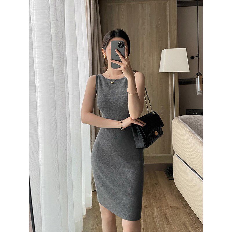 新品灰色针织连j衣裙小个子修身背心裙夏季新款气质简约无袖纯色