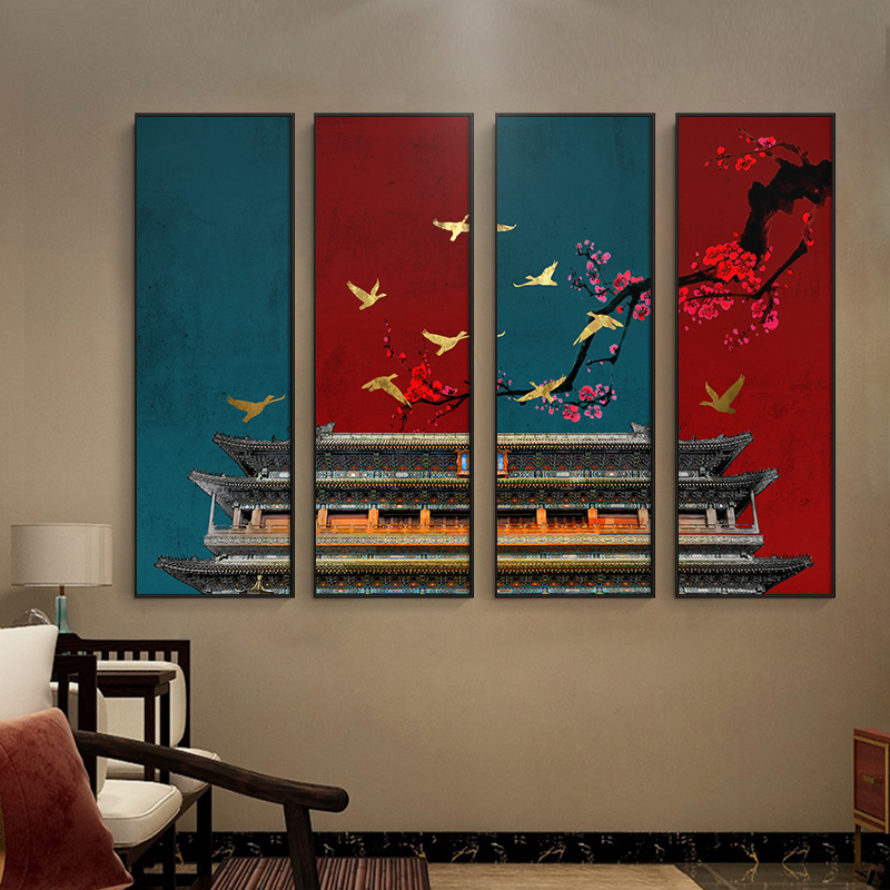 极速新中式客厅沙发背景墙古典建筑装饰画茶室禅意水墨.四联画故图片