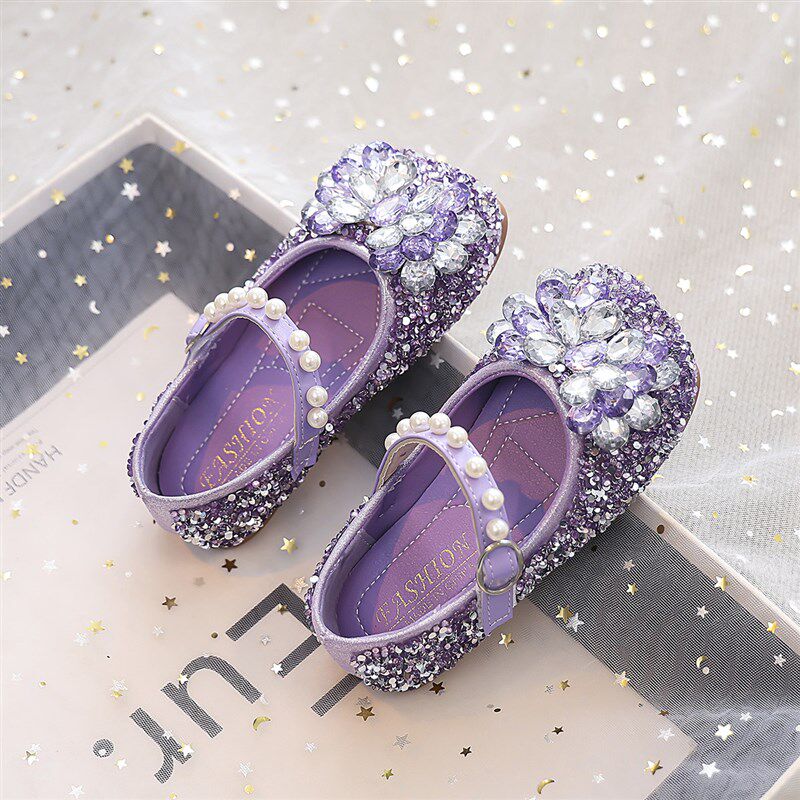 新品女童水晶鞋2026新款儿童艾莎公主鞋春秋款小女孩Y软底皮鞋紫