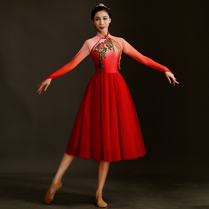 新品现代舞演出服女时尚中国风z开场舞蹈服装伴舞广场舞连衣裙套