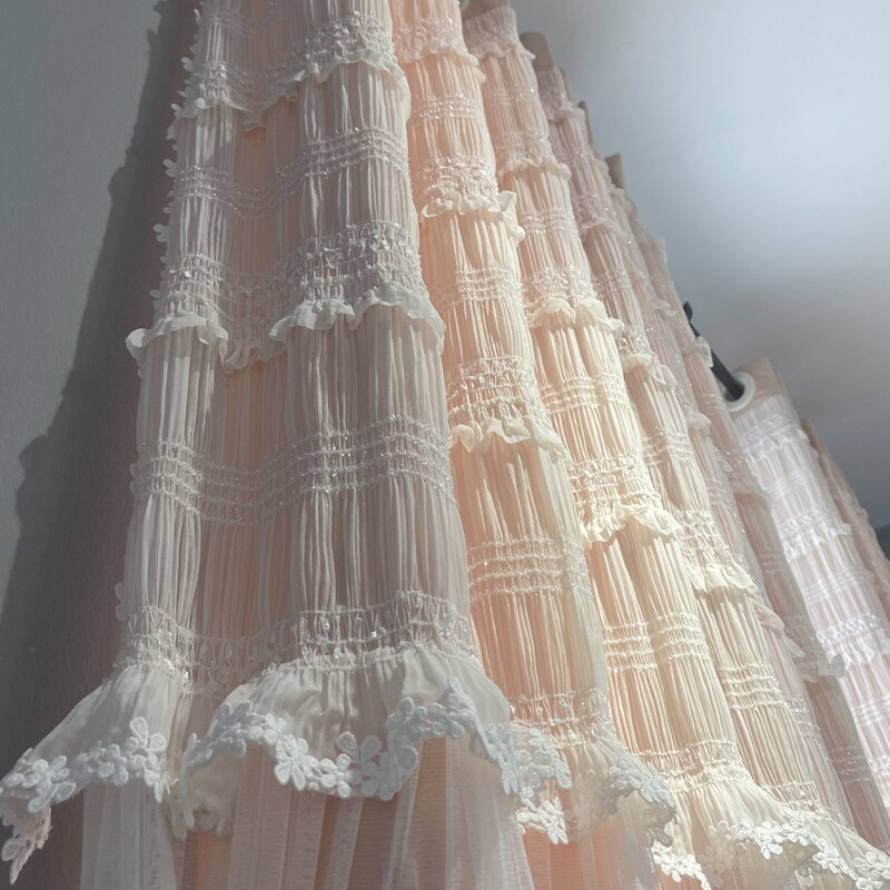 极速韩式蕾丝公主风粉色窗帘双层飘窗卧室布纱一体女孩房定Z制202