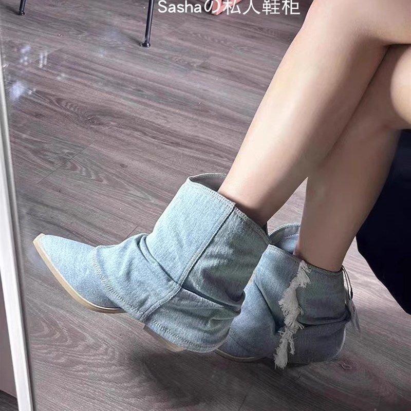 极速西部牛仔靴高跟n复古尖头堆堆小众裤管靴粗跟靴子套筒流苏短