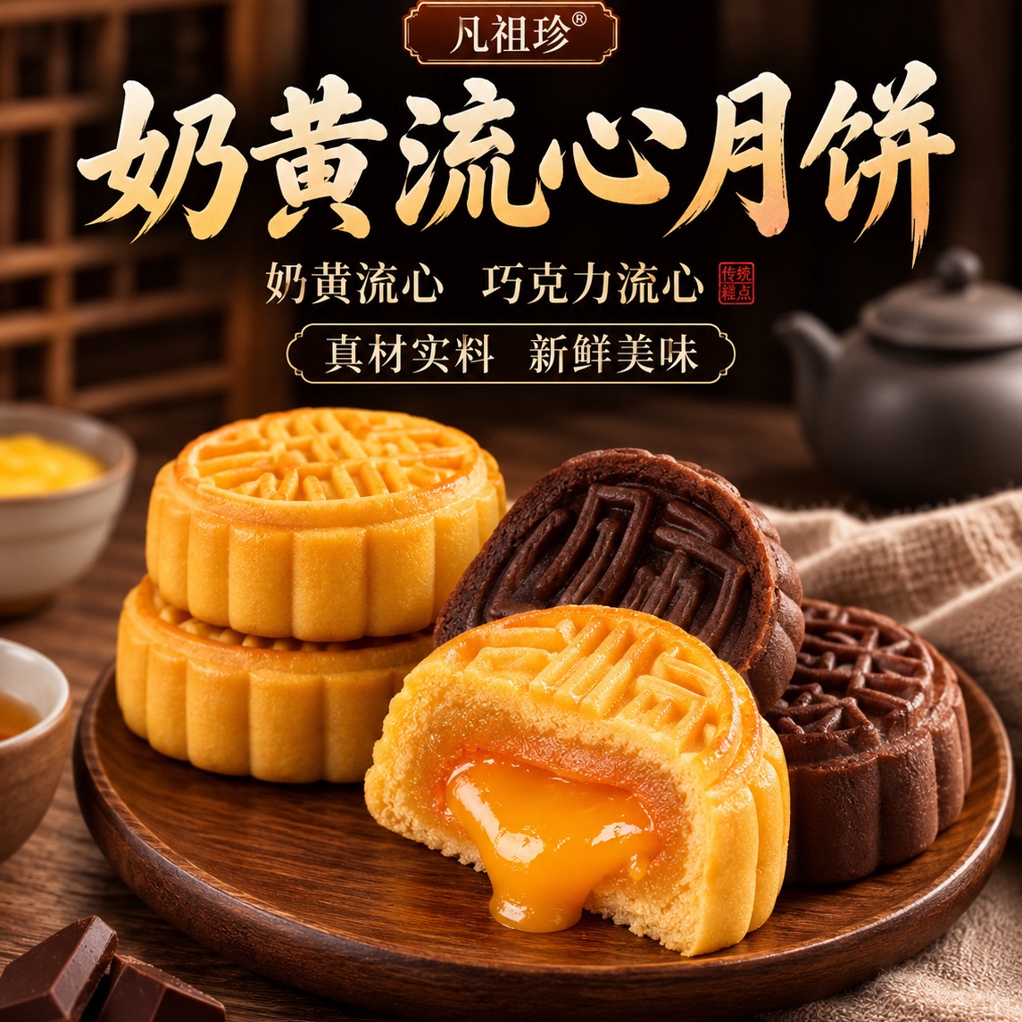 广式流心奶黄月饼礼盒装广式巧克力味月饼散装批发多口味中秋送礼