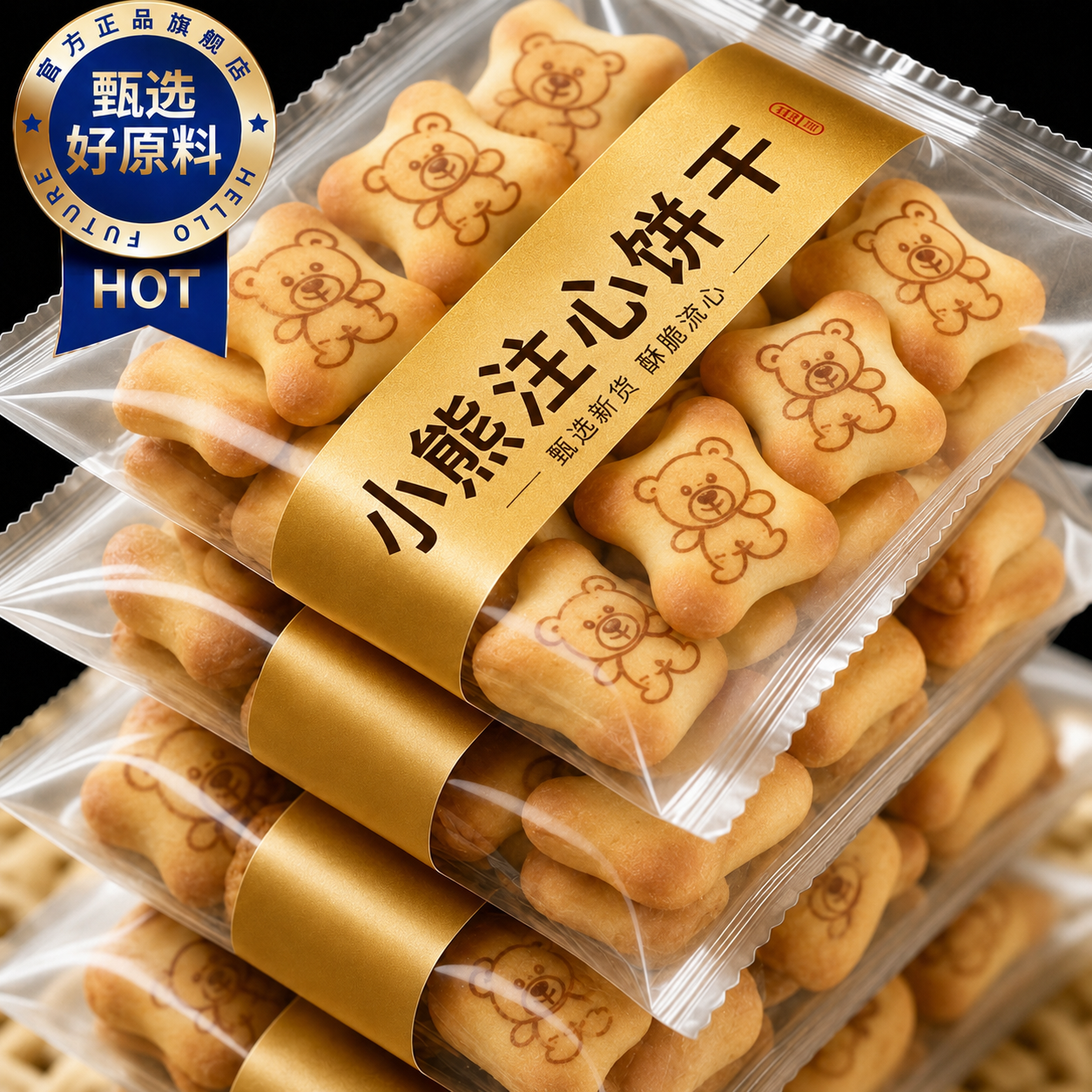 小熊注心饼干儿童零食旗舰店正品独立包装爆浆巧克力草莓夹心饼干