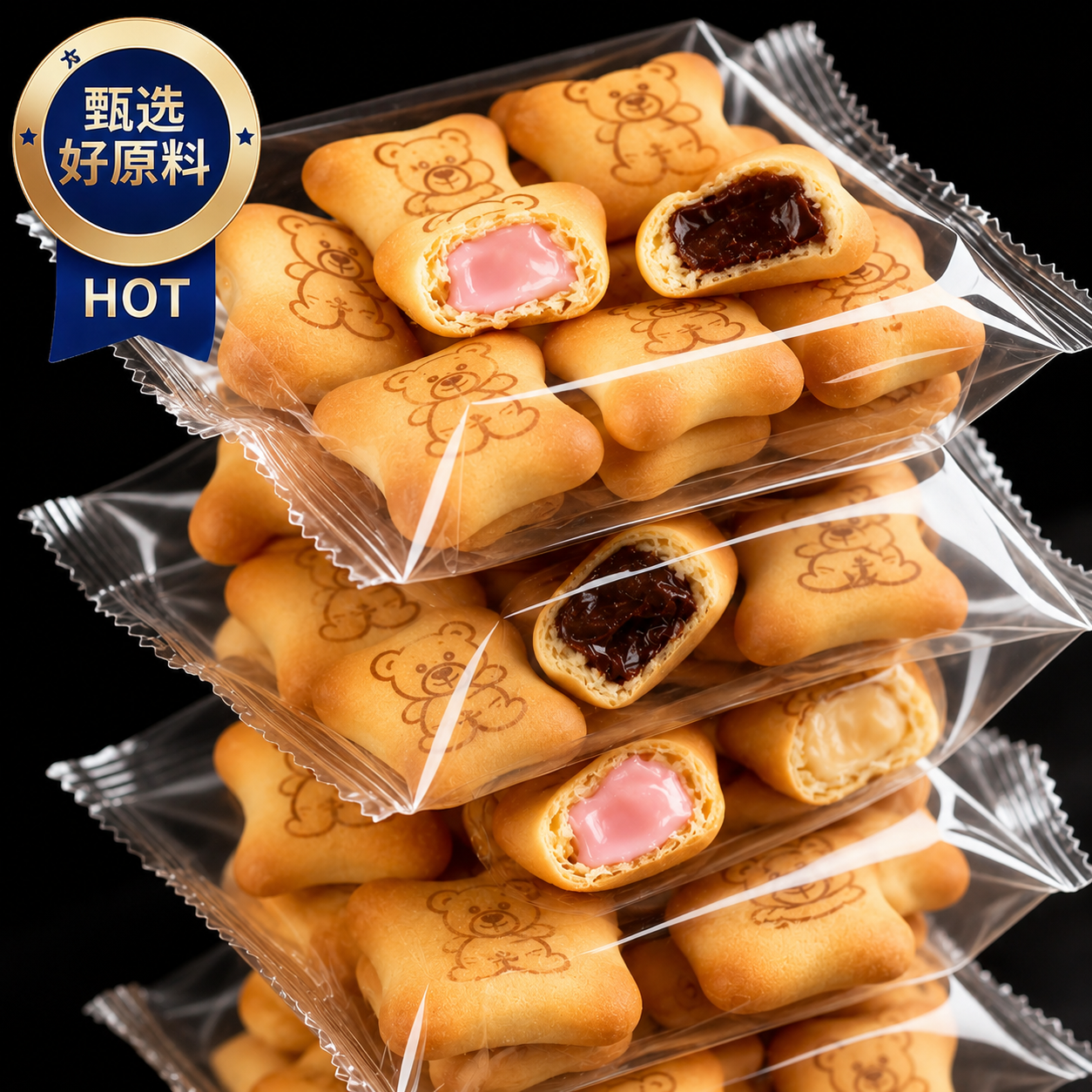 小熊注心饼干儿童零食官方旗舰店正品独立包装爆浆巧克力草莓夹心