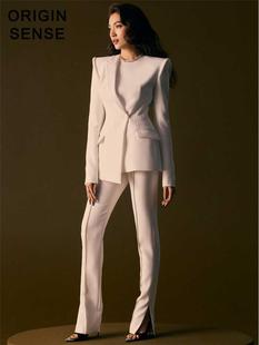 两件套 白西装 酷感御姐范儿超气场女西服微喇叭长裤 不对称设计个性