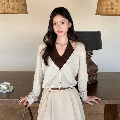 makeART韩系假两件挂脖针织衫女