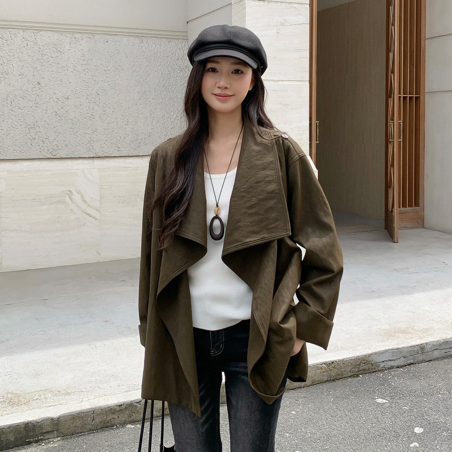 makeART复古大翻领pu皮衣女秋冬季中长款松弛感酷飒韩式夹克外套