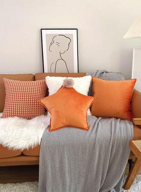 斯堪的纳维亚橙色天鹅绒星枕头组合垫床边沙发靠背无障碍豪华覆古
