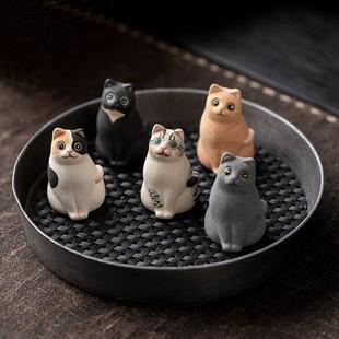 原创手作陶瓷可爱小猫茶宠家居摆件微景观造景装 饰客厅办公室桌面