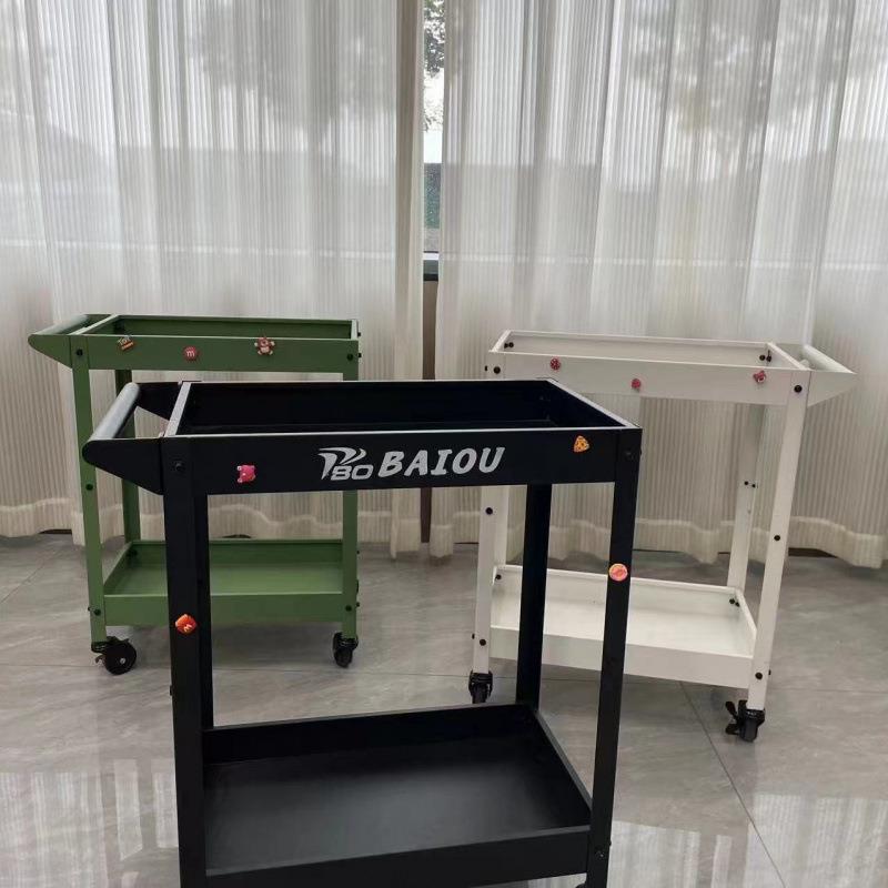 绿色两层工具车手推车静音滚轮收纳零件移动花架绿植工业风