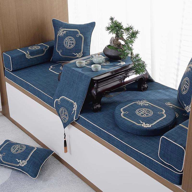 可拆洗飘窗垫窗台垫新中式海绵垫棉麻榻榻米四季通用卡座阳台垫子