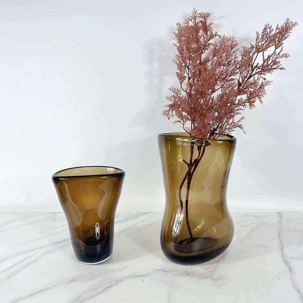 现代极简创意大口径透明咖色玻璃插仿真花瓶客厅桌面摆件软装饰品