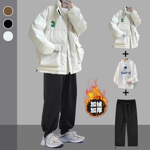 男秋冬季 青少年棉衣套装 加t厚棉袄一套搭配帅气面包服外套宽松潮