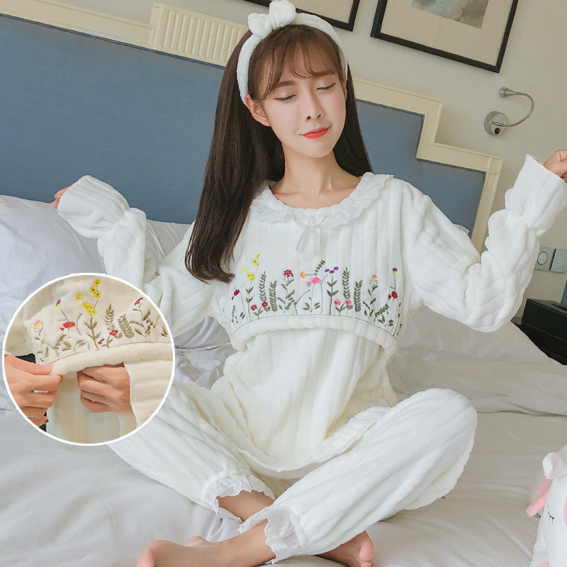 特大码胖mm300斤2023春秋季A女装孕妇法兰绒月子服加厚家居套装甜